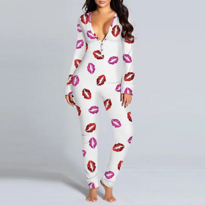 Womens Button-down Print Functional Buttoned Flap Adults Jumpsuit Romper Pajamas
